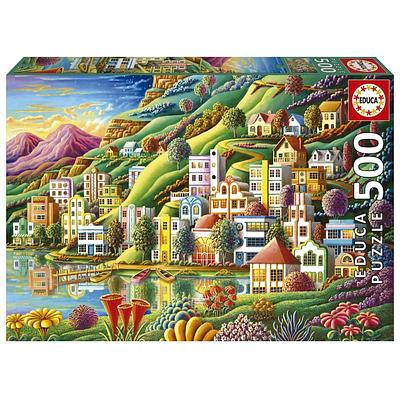 Puzzles de 500 peças muito colorido e que demonstra um porto de pesca e as casas à sua volta. nNota: Recomendado a partir dos 11 anos.nn