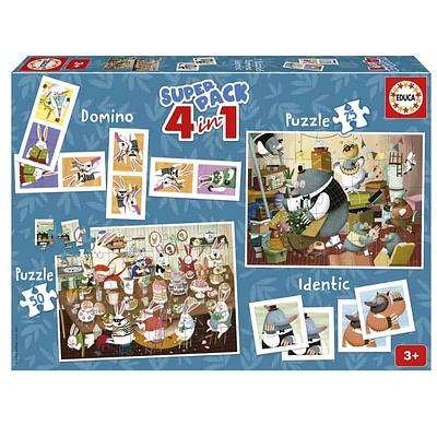 Este Superpack é uma extraordinária caixa cheia de diversão e educação. Conta com 4 jogos em 1: 1 puzzle com 25 peças, 1 puzzle com 50 peças, um  jogo de memória com 28 fichas e um dominó de 28 fichas