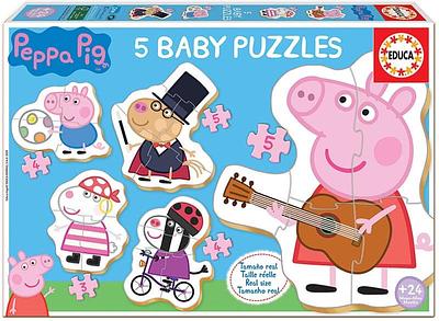 Os puzzles da Educa com a imagem da Peppa Pig indicado para os mais pequenos da casa. São 5 puzzles progressivos com 3 a 5 peças com as peças maiores, mais grossas e mais fáceis de manipular.nn