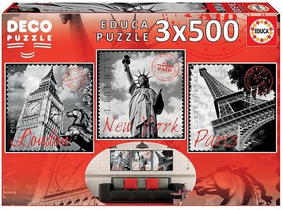 Um conjunto magnífico com 3 puzzles de três grandes cidades do mundo - Nova York, Paris e Londres - para decorar seus cantos favoritos. Cada quebra-cabeça é de 500 peças em extraordinária qualidade.