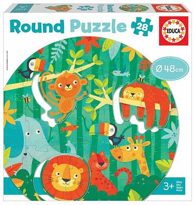 Puzzle inovador em formato redondo de 28 peças e 48 cm de diâmetro.nContém partes amovíveis de 2 a 4 peças e recortadas em formato especial.