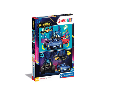 Detalhe do produto:n- 2 puzzles de 60 peças;n- Tema do carro Bathweels;nnNota: Recomendado a partir dos 3 anos de idade.