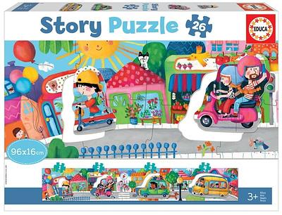 Puzzle de 26 peças com formato panorâmico. Contém partes amovíveis de 1 a 4 peças para aprender os números de 1 a 4.