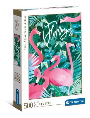 Visualize em pormenor todos os elementos deste vibrante puzzle de 500 peças, onde os flamingos cor-de-rosa ganham vida num cenário tropical exuberante.