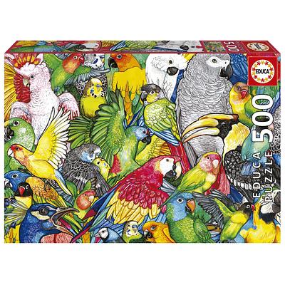 Puzzle de 500 peças com imagem de papagaios e cores brilhantes.nNota: Recomendado dos 11 anos aos 99.nnn