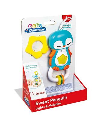 Com uma estrela brilhante na sua barriga e melodias calmantes o pinguim dorminhoco ajuda as crianças a relaxar. O prático aro que vem incluído no conjunto é ideal para colocar o pinguim num berço.