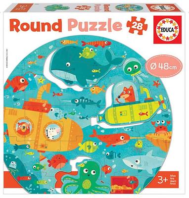 Puzzle inovador em formato redondo de 28 peças e 48 cm de diâmetro.nContém partes amovíveis de 2 a 4 peças e recortadas em formato especial.