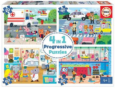 Conjunto com 4 puzzles progressivos de 20 a 80 peças.nImagens coloridas com muita narrativa. Cenas quotidianas da vida de um menino ou de uma menina.