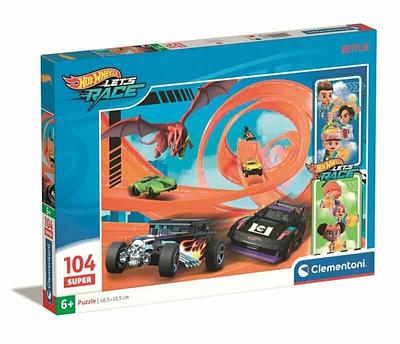 Puzzle 104 peças, super hotwheels, a partir dos 6 anos de idade.