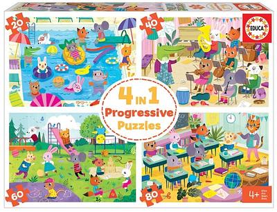 Cada caixa contém 4 puzzles com diferente número de peças (entre 20 e 80), para que as crianças se atrevam com vários níveis de dificuldade r medida que crescem e ganham prática na montagem.