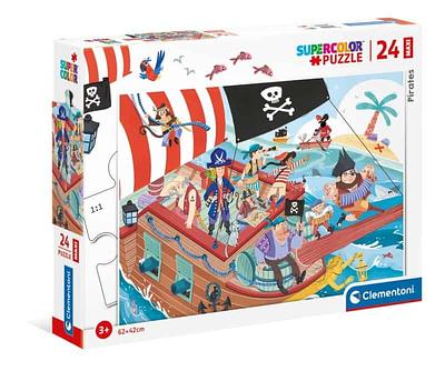 Este puzzle de 24 peças apresenta um cenário colorido e dinâmico: um navio pirata navega pelos mares sob um céu azul, com uma tripulação de corajosos piratas prontos para a ação. nA partir dos 3 anos.