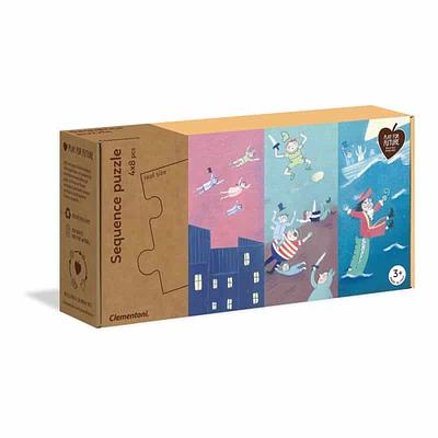 Peter Pan, Cinderela, Capuchinho Vermelho e O Patinho Feio: o jogo ideal para descobrir os mais populares contos de fadas através da construção de puzzles, contém 4 puzzles feitos de cartão reciclado.