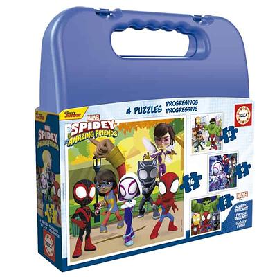 Uma fantástica mala de plástico que contém 4 puzzle com diferentes números de peças do Spidey. A mala permite que guardem os puzzles e andem com eles para todo o lado.
