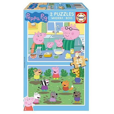 Ofereça 2 puzzles da Peppa Pig com 25 peças cada um. Estes puzzles são de madeira - nova madeira ecológica-, mais resistente e mais segura para as crianças (não gera farpas).