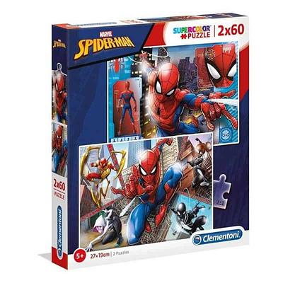 O Puzzle 2x60 pçs - Spider-Man da Clementoni com 2 puzzle de 60 peças para entreter as crianças em cada escalão de idade, ajudando-as a adquirirem capacidades de observação e de manualidade.