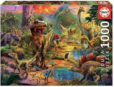 Quebra-cabeça de 1.000 peças com uma imagem impressionante cheia de grandes gigantes da história do nosso mundo, os dinossauros.n